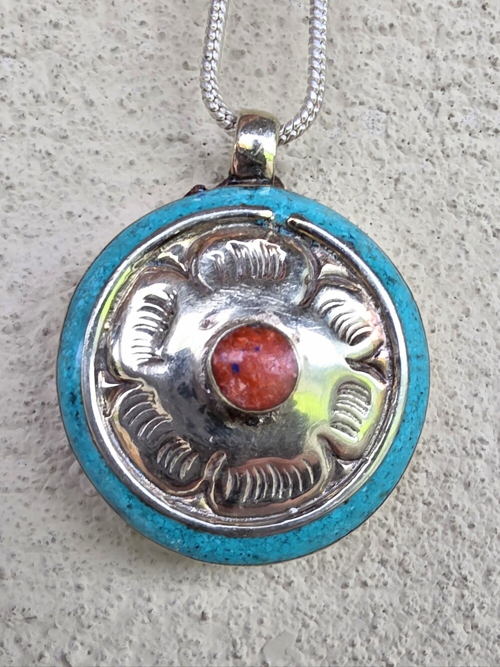 Tibetan Pendant Necklace With Carved Silver Design + Turquoise And Coral (1.5")
